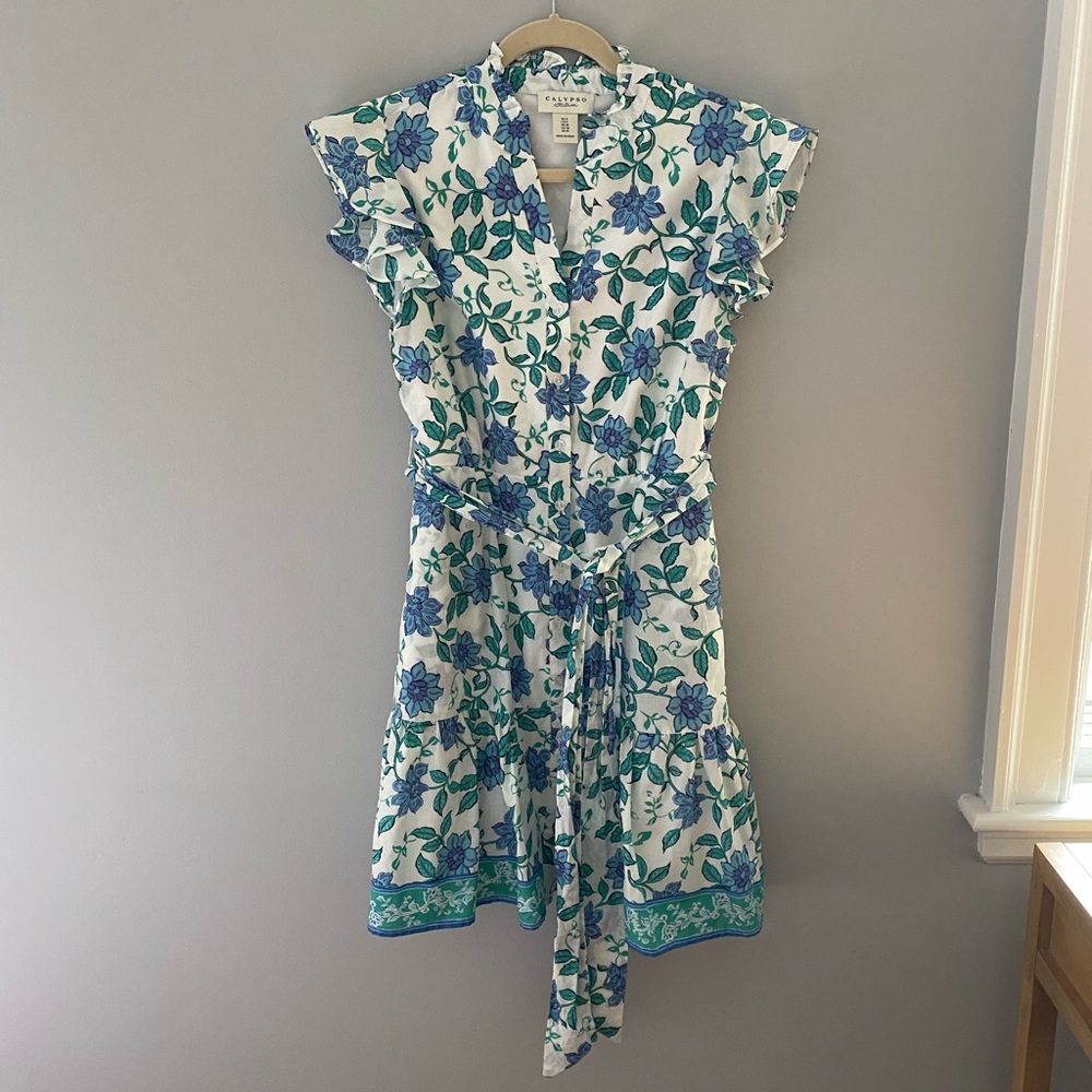 Calypso St. Barth White Dress with Blue Floral and Green Leaves